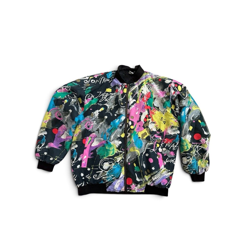 Vintage 90s Chivalry 100% Silk Bomber Jacket Memphis Abstract Graffiti Art M